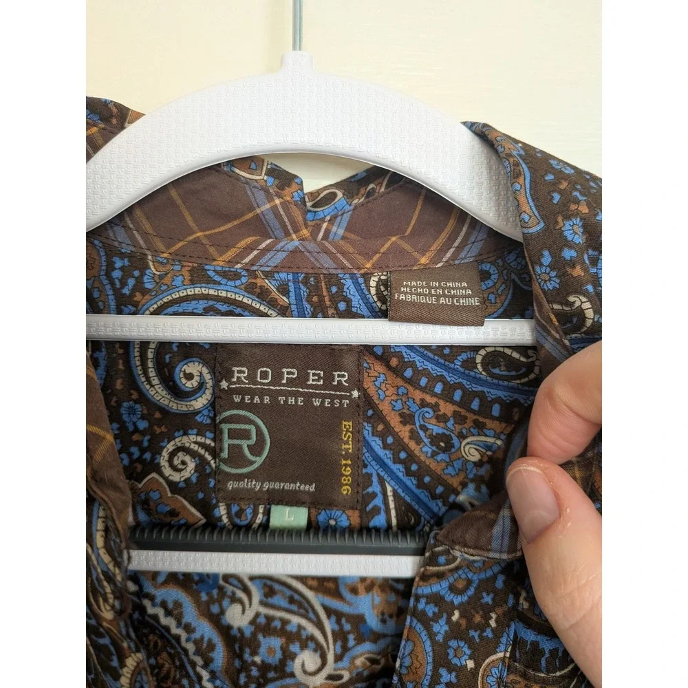 Roper Blue Brown Paisley Pearl Snap Western‎ Shirt 100% Cotton Size Large